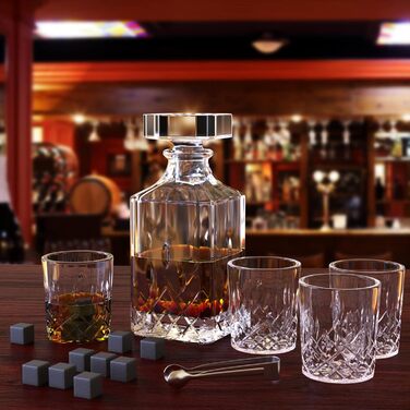 Whiskey Decanter Set, 750ml Decanter with 4 x 220ml Whiskey Glasses, 12 Stones, Beautiful Gift Box, Father's Day Gift for Men, Transparent