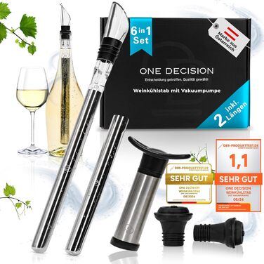 One Decision Deluxe Wine Cooling Rod 6-in-1 Set | Includes 2 Lengths Stainless Steel | Wine Cooler Rod + Vacuum Pump + Pourer | Gift Ideas for Women, Gifts for Men