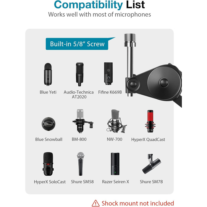 Підставка для мікрофона InnoGear: міцний шарнірний кріплення з кліпсою та кабелеутримувачами для Blue Yeti, Snowball, Hyper X, QuadCast, SoloCast, Fifine та інших великих мікрофонів