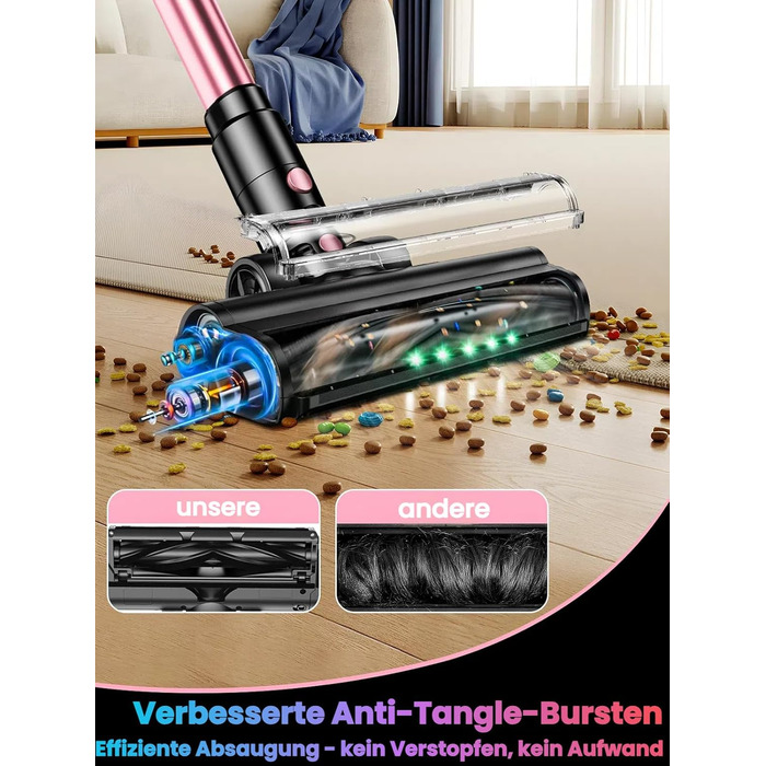 Бездротовий акумуляторний пилосос SUXIANGVAC 45000Pa/500W з LED дисплеєм та антинамотувальною насадкою, 73см подовжуваний шланг для твердих поверхонь, килимів та шерсті тварин, Рожевий