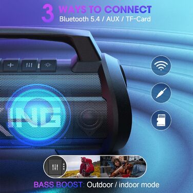 W-KING Bluetooth колонка 120W з басом 70W, портативна Party-Box IPX6, 42 год, BT 5.4, DSP, EQ, стерео, RGB, для кемпінгу, пляжу, саду, вечірок, чорна
