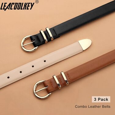 LEACOOLKEY: 3 жіночі шкіряні ремені-коси для джинсів та суконь. В'язані ремені з металевою блискавкою (100 см). Розмір: 66-76 см. Кольори: чорний, коричневий, бежевий.