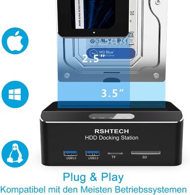 Док-станція для жорстких дисків RSHTECH з двома відсіками, USB 3.0, алюміній, підтримка 2.5/3.5