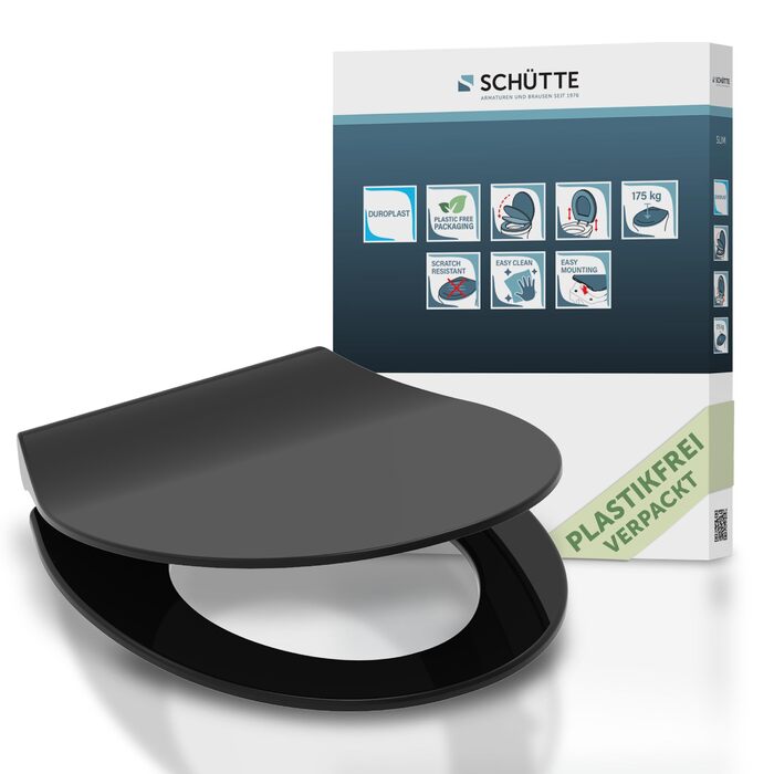 Слімова сидіння для унітаза SCHÜTTE SLIM з мікроліфтом (м'яке закриття), Duroplast, чорний колір, витримує до 175 кг