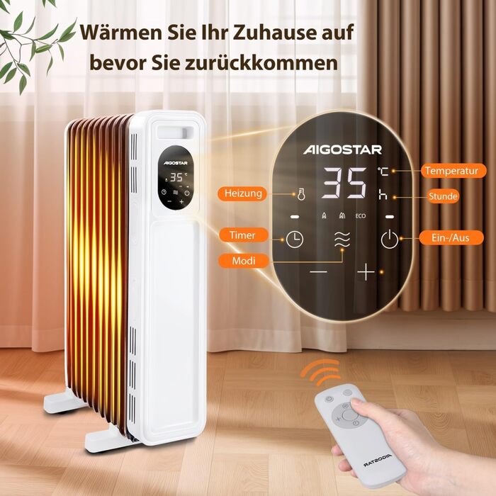 Електричний масляний радіатор Aigostar Snug X2 2500W з пультом керування, термостатом, 3 режимами, таймером, LED-дисплеєм, захистом від перекидання та перегріву