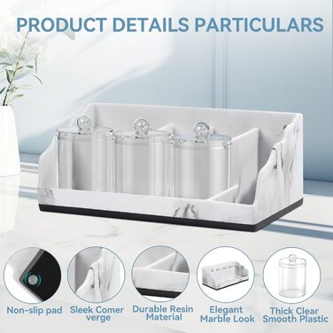 BHeadCat Marble Bathroom Organizer and Storage with 3 Qtip Holders and Drain, Toothbrush Holder for Bathroom, Countertop, Organizer, Cosmetic Organizer