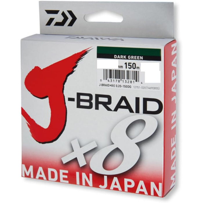 Daiwa J-Braid 8 Braid 0.16mm, 9.0kg / 20.0lbs, 300m dark green, round braided fishing line