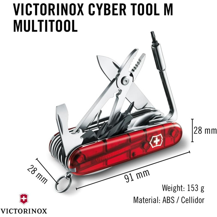 Мультитул Victorinox Cyber Tool M – швейцарський ніж, 32 функції, червоний, прозорий