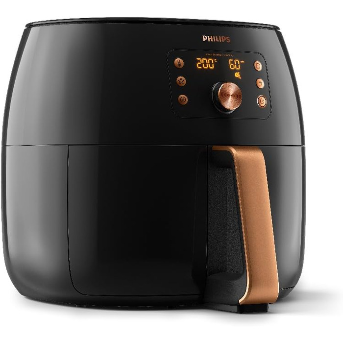 Philips Airfryer XXL with Rapid Air Technology - Hot Air Fryer with 7.3L Capacity, 90% Less Fat, Smart Sensing for Perfect Results, QuickClean, Recipe App, Black/Copper (HD9867/90)