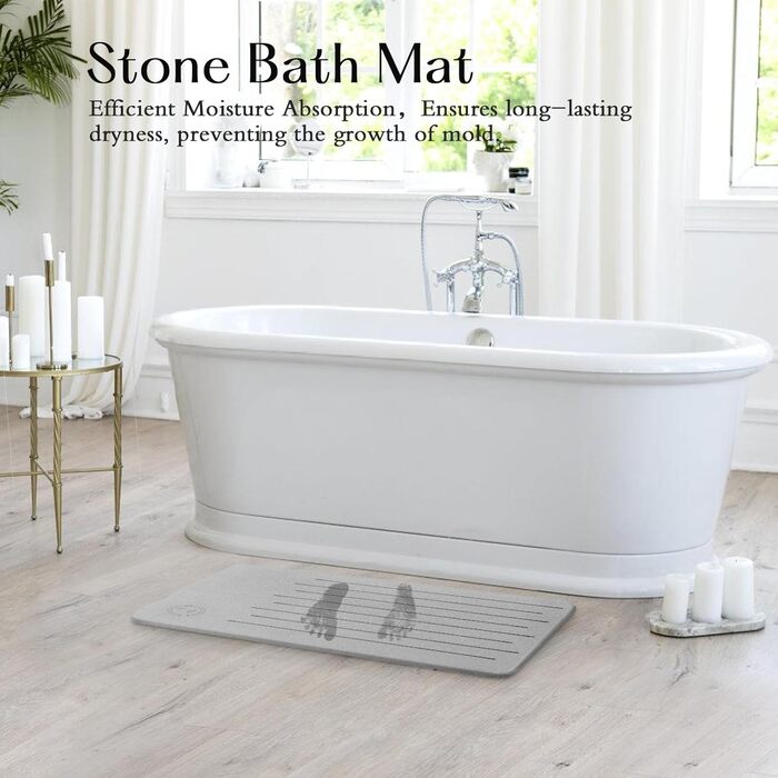 Amilutuo Badematte Stein, Diatomite Stone Bath Mat, Non-Slip Stone Bath Mat, Quick-Drying Stone Bath Mat Light Grey 60 x 39 CM