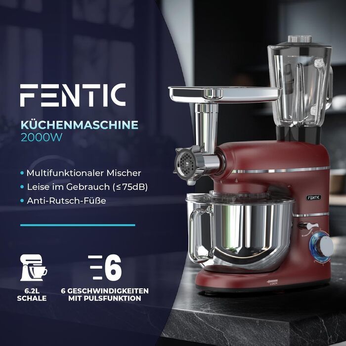 Кухонна машина Fentic 6-в-1 з м'ясорубкою, соковитискачем 1,5л, подрібнювачем овочів та ін. – 2000W, містка чаша 6,2л, набори гачків та міксерів, захист від бризок (Червона)