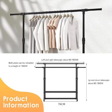 MONKLE - Clothes Rack, Garment Rack, Rolling Garment Rack, Stable Clothes Rack with 3 Storage Shelves, Extendable Double Clothes Rail