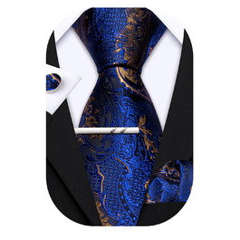 Шовкова краватка з візерунком пейслі Barry.Wang, комплект з 3 предметів: краватка, кишеньковий хустинка, затискач для краватки. Синій, для урочистих подій та весілля