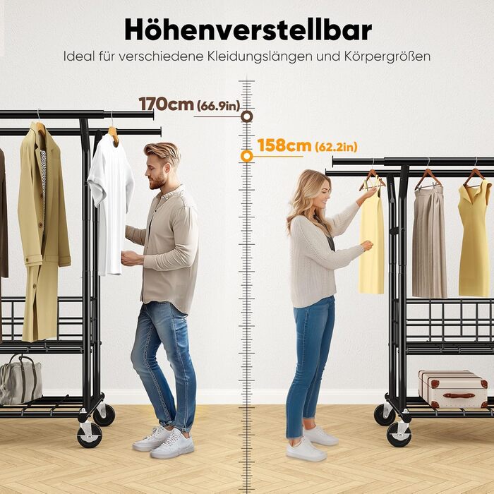 Підставка для одягу HOKEEPER на коліщатках, важка, з подвійною перекладиною, до 283 кг, D004K