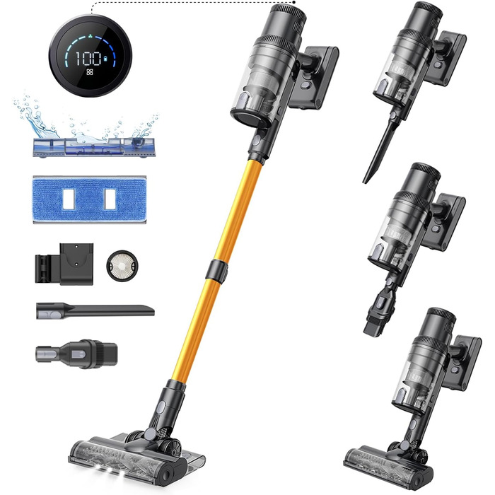 Бездротовий пилосос Proscenic P11 Ultra з акумулятором, легкий, самостійно стоячий, 50Kpa, 50 хвилин роботи, сенсорний екран, зелене світло, антизаплутування, для килимів, твердих поверхонь, штор, автомобіля, шерсті домашніх тварин (світло-жовтий)