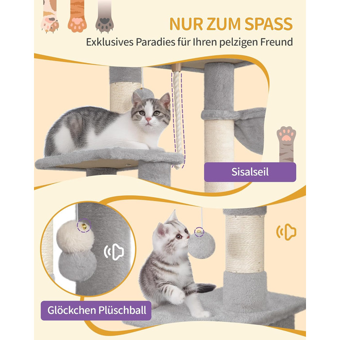 Двоповерховий комплекс для котів з 5 стовпчиками для шліфування, платформами, будиночком, помпонами, сірий (149см)