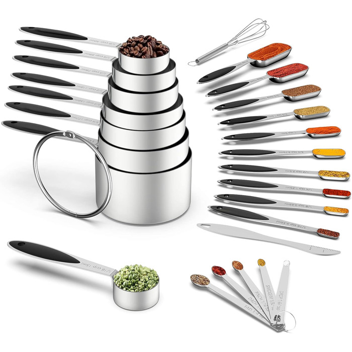 Measuring cup and measuring spoon set, stainless steel, 8 measuring cups, 10 measuring spoons, 1 level, 1 whisk, and 5 mini spoons, for dry and liquid ingredients, 25 pieces, multicolored