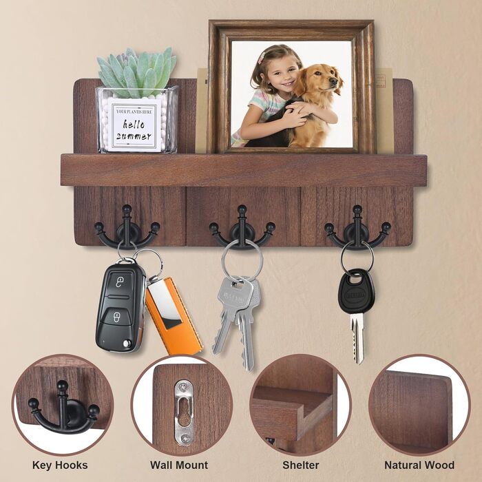 Дерев'яне ключниця з полицею та 6 гачками, ключниця на стіну для прихожей, коридору, кухні (Колір: Коричневий)