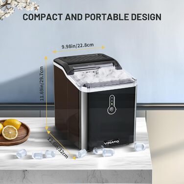 Машина для приготування льоду VINATO, компактна, 9 кубиків за 6-8 хвилин, портативна, тиха робота, 12 кг/24 год, для кухні, офісу, бару, кемпінгу та вечірок, білий (чорний)