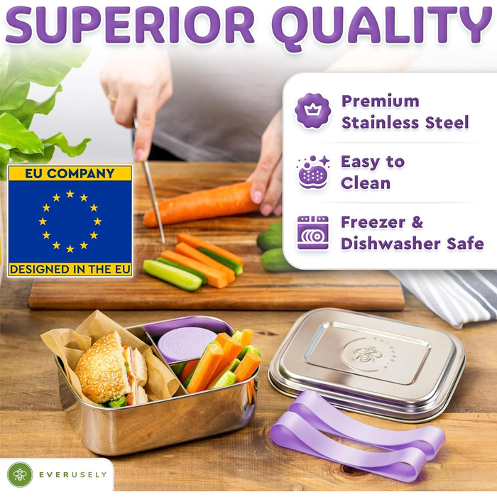 Everusely Ланчбокс Bento Box Лавандовий - 0,8 л, нержавіюча сталь, з контейнером для спецій, 3 відділення