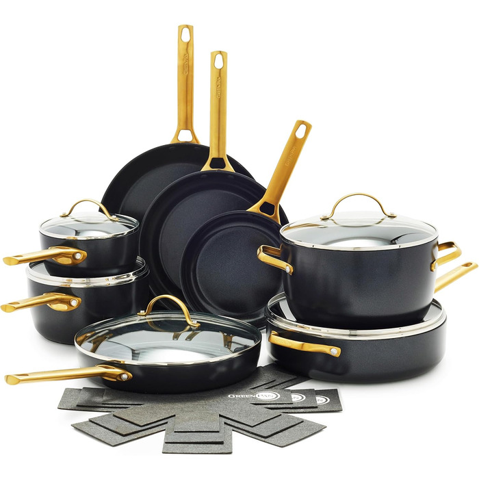 GreenPan Reserve Hard Anodized, Healthy Ceramic Non-Stick Coating, 16-Piece Cookware Set, Pots and Pans, Golden Handle, PFAS-Free, Dishwasher Safe, Oven Safe, Black 16 Piece Cookware Pots and Pans Set Schwarz