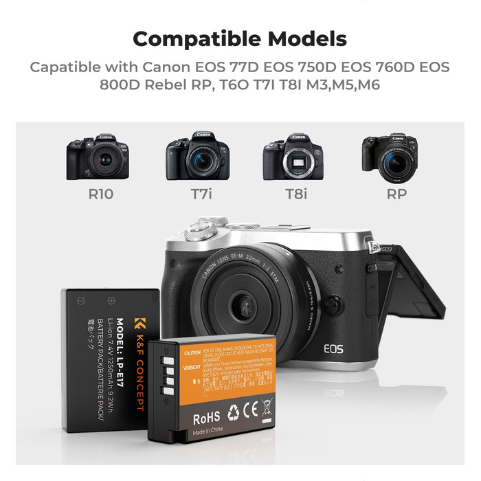 Акумулятор LP-E17 3шт. K&F Concept 1250mAh + LCD зарядний пристрій для Canon EOS RP, R10, R8, R50, Rebel T8i, T7i, T6i, SL2, SL3, 77D, 750D