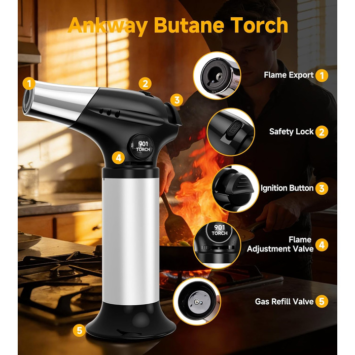 Кулінарний пальник Ankway для карамелізації та фламбування, газовий пальник для крем-брюле з замком безпеки, регульований, чорний (без бутану)