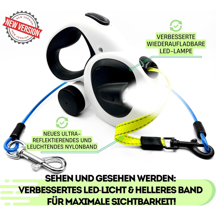 Snuggle Paws Retractable Dog Leash - 5m LED Light, Poop Bag Dispenser, Chew-Proof Steel Cable, Reflective Nylon Band | Extendable Leash for Small Dogs up to 20kg