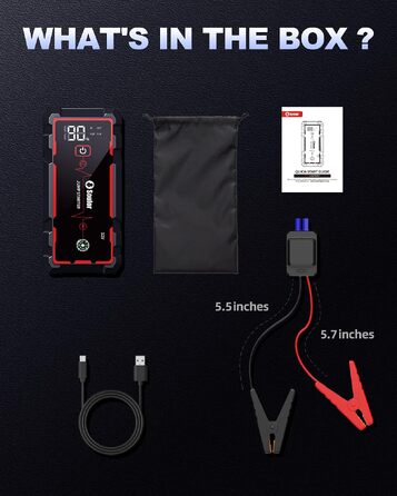Бустер для автомобіля (Jump Starter) 8000mAh, портативний пусковий пристрій 12V для бензинових двигунів до 7.0L та дизельних до 5.0L, з ліхтариком та пусковими кабелями
