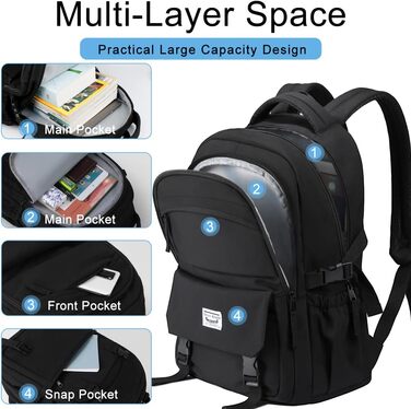 Шкільний рюкзак для підлітків: водонепроникний, з відділенням для ноутбука 15.6 дюймів, легкий, чорний