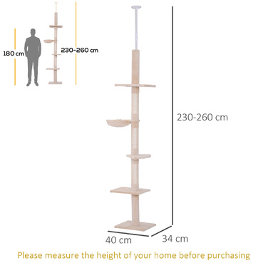PawHut Cat Tree, Ceiling-High, H230-260 cm, Adjustable Height Climbing Tree for Cats, Stable, Beige | Aosom