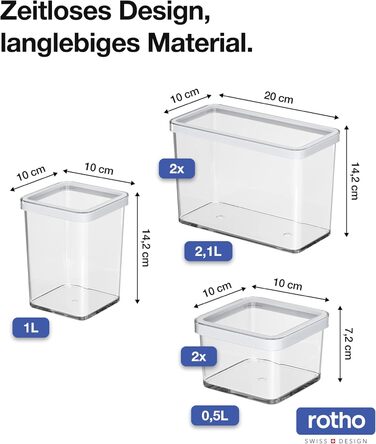 Rotho Loft 5-Piece Storage Canister Set with Lids, Various Sizes, Food-Grade Plastic (PP), BPA-Free, 2 x 2.1l, 1 x 1.0l, 2 x 0.5l (30.0 x 21.0 x 15.0 cm) (transparent/white)