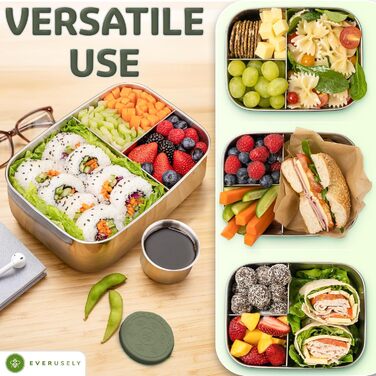 Everusely Bento Box: ланчбокс з нержавіючої сталі, 0,8 л, з контейнером для спецій та органайзером для перекусів (3 відділення)