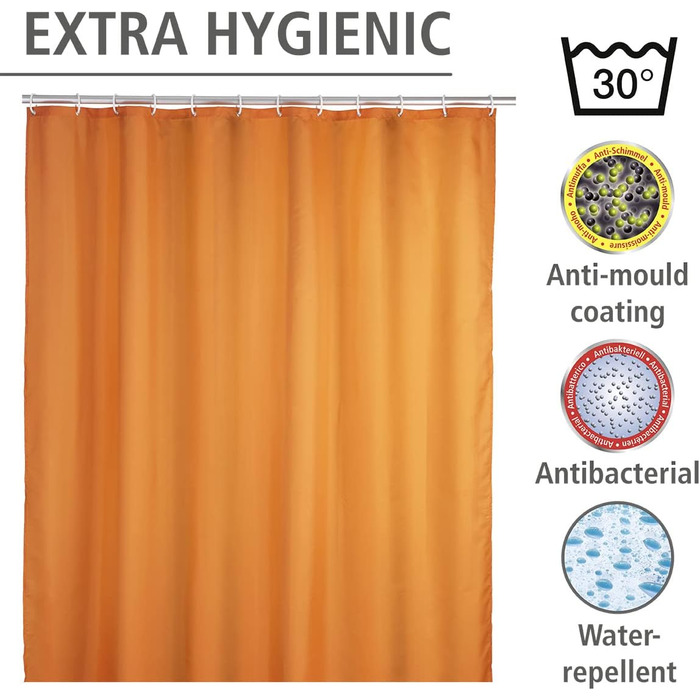 Штора для душу WENKO Anti-Schimmel (антигрибкова), текстильна, 180x200 см, помаранчева, з кільцями