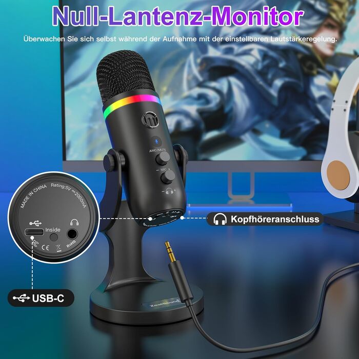 USB мікрофон Zealsound RGB для ПК, iPhone, стримінгу, YouTube, Discord, PS5, Mac. Підтримка USB-C та Lightning, шумозаглушення, Plug & Play