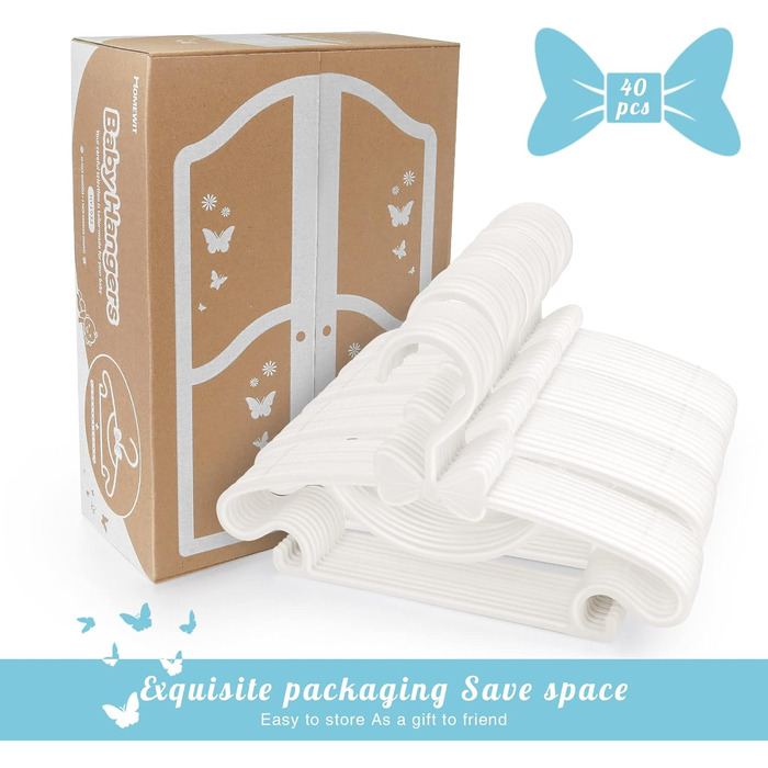 Набір вішалок для дитячого одягу, 40 шт, пластик, неслизькі, ультратонкі, білі - з 3 гумками для дитячої кімнати, одягу для немовлят та малюків, білі