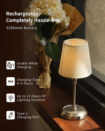 Нічник бездротовий акумуляторний Wiederaufladbare для вітальні, спальні, їдальні - Gold (з лампочкою, димування, сенсорне управління, 5200 mAh)