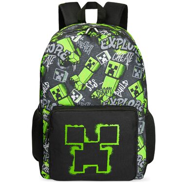 Дитячий рюкзак Minecraft Creeper для хлопчиків, шкільний рюкзак для спорту та прогулянок з відділеннями на блимавці, чорний, 40 x 29 x 17 см