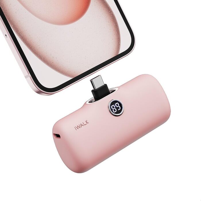 Powerbank iWALK 4800mAh 20W з LCD-дисплеєм, рожевий. Сумісний з iPhone, Samsung, Xiaomi. Портативний зарядний акумулятор для жінок та чоловіків