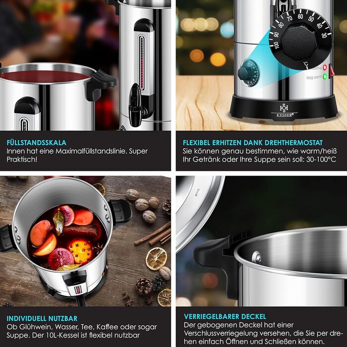 KESSER® 10L Stainless Steel Mulled Wine Warmer. Includes 10 Cups. Mulled Wine Cooker with Thermostat, Mulled Wine Dispenser, Hot Beverage Dispenser, Kettle, Hot Water Dispenser, Canning Device, Level Indicator, Tap.