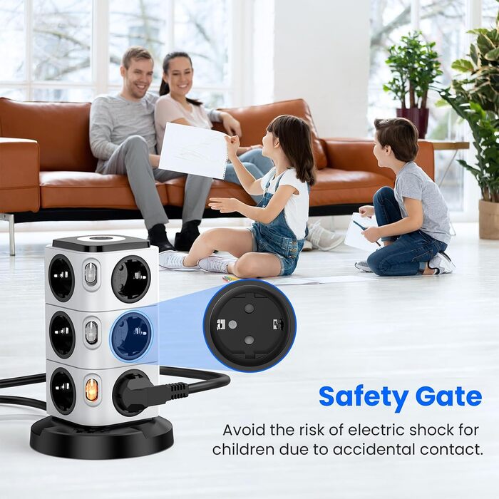 Багаторозетка Acodot Tower з USB, 12 розеток, захист від перенапруги, 4 вимикачі, нічник, 3 USB порти, кабель 3м, 2500W, для офісу, білий