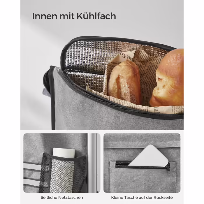 SONGMICS Shopping Trolley, Trolley, Shopping Cart with Cooler Compartment, Large, 35 Liters, Foldable, Shopping Bag with Wheels, Detachable Bag, Gray KST02GY