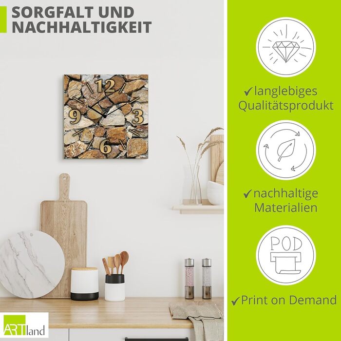 ARTLAND Wall Decoration Wall Clock No Ticking Sound Aluminum 30x30 cm Square Silent Analog 4 Numbers 30x30 cm Appearance U1RE (Stone Wall, Quartz Clock)