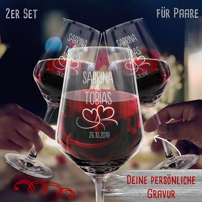Engraved Wine Glasses - Hearts - Personalize with Name & Date - Engraved Red Wine Glasses for Couples, Gift for Valentine's Day, Wedding, Christmas, Set of 2