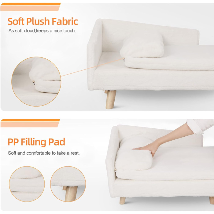 Софа для собак BingoPaw Luxus з підголівником, плюшеві подушки та дерев'яні ніжки. Зручне ліжко для собак середніх та маленьких порід, крісло для котів великих порід, 80x50x39 см, бежевий колір