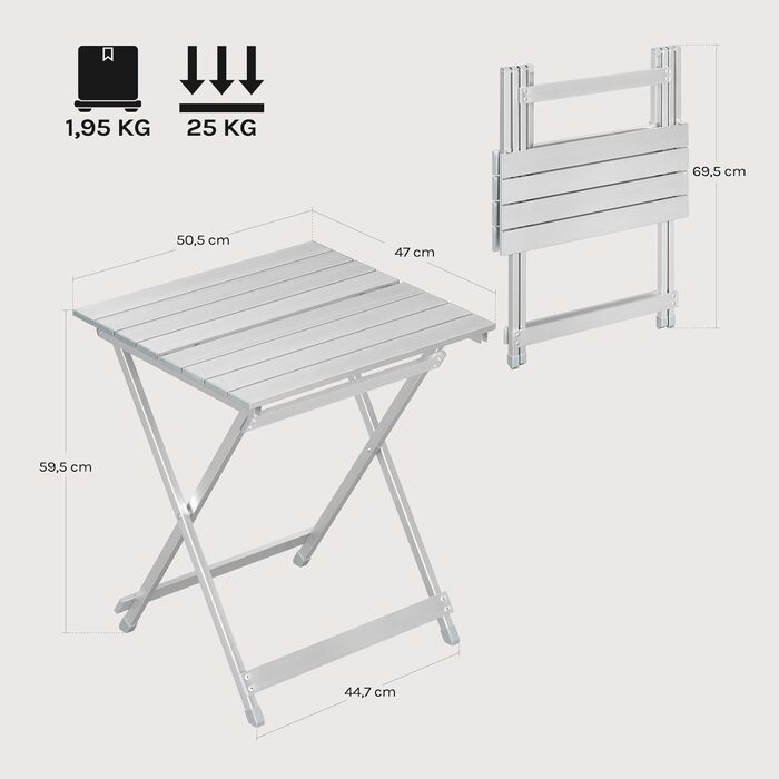 Складний алюмінієвий стіл WOLTU для кемпінгу, саду, балкону - 50.5x59.5x47 см (срібний)