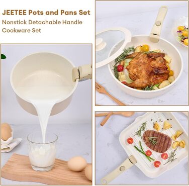 JEETEE Cookware Set, 4-Piece, 20/28 cm Frying Pan, With Detachable Handle, Granit Ceramic Non-Stick Cookware Set, Stackable Induction Pots Set, Suitable for All Cooktops, Oven Safe