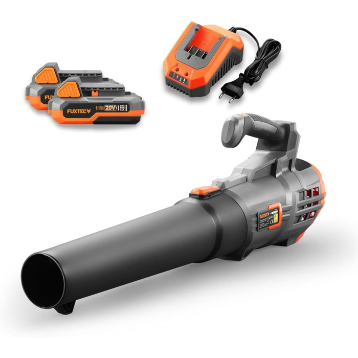 FUXTEC 20V Cordless Leaf Blower FX-E1LB20 - Includes 2 x 2Ah Li-Ion Batteries and 2.4A Charger - Leaf blower for removing leaves from gardens, walkways, and driveways - Quiet - up to 38m/s