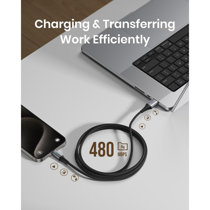 Кабель USB-C на USB-C, 3.1A, 0.3м, з LED-підсвіткою, нейлон, чорний - для iPhone, Samsung, Google Pixel