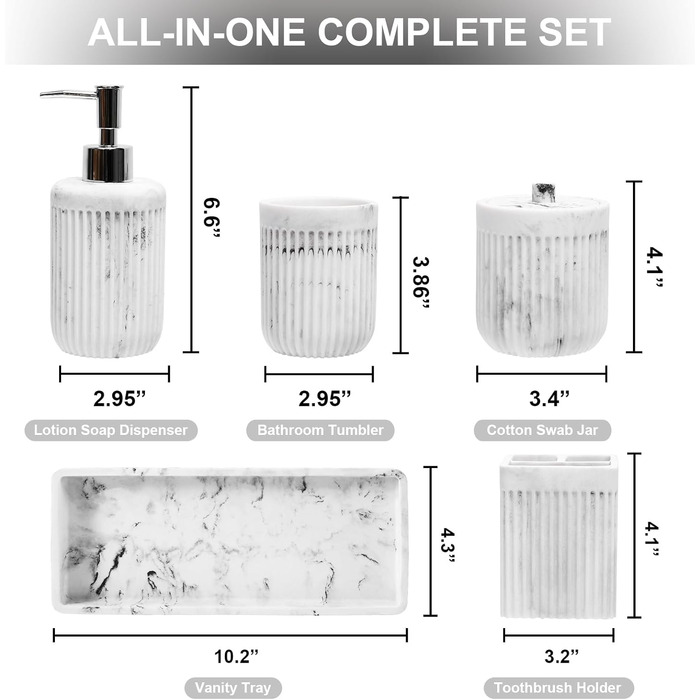 Набір аксесуарів для ванної кімнати XLHOMO з штучного каменю, 5 предметів: диспенсер для лосьйону/мила, тримач для зубних щіток, чашка для ванної кімнати, контейнер для ватних паличок та піднос для туалету, органайзер для дому, світлий (мармур)